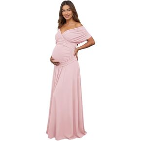 Off Shoulder Satin Maternity Dresses Long Pleated Baby Shower Dress | Soft stretch fabric,flattering maxi A-line cut,chic v neck, ideal for wedding guest,bridesmaid,maternity photoshoots, formal in Kuwait