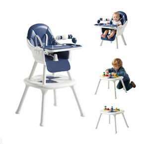 Convertible 4-in-1 Baby High Chair with Block Table, Infant to Toddler Feeding Chair with Play Tray & Built-in Toys, Removable PU Cushion, Easy to Clean Dining & Activity Chair–Blue in Kuwait