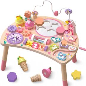 Wooden Activity Table, Montessori Busy Board for Toddlers 1-3 | Unicorn 10-in-1 Sensory Learning Toy with Bead Maze, Shape Matching, Gears, Clock — Birthday Gift for 1 2 3 Year Old Kids in Kuwait