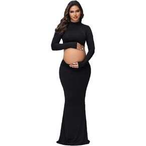 Women's Maternity 2 Piece Outfits Dress Solid Mock Neck Long Sleeves Top Mermaid Skirt for Photoshoot Baby Shower in Kuwait