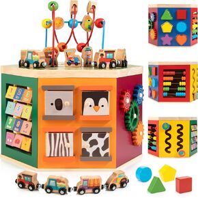 Large Activity Cube, 9-in-1 Farm-Themed Wooden Play Center, Multipurpose Montessori Toy for 1-2 Year Old Baby Toddler Kid, First Birthday Gift | Bonus Magnetic Train Cars in Kuwait