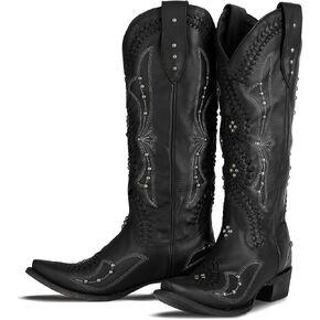 Cowboy Boots for Women Knee High Cowgirl Tall Boots with Pointed Toe Embroidered Side Zipper Back Lace up Chunky Heel Western Boots for Girls Ladies in Kuwait