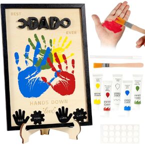 Fathers Day Gift from Kids, Best Dad Ever Hands Down Family Handprint Kit with 5 Non-Toxic Paint, DIY Handprint Craft, Family Keepsake Wooden Frame with Kids Names for Dad Daddy, Grandpa in Kuwait