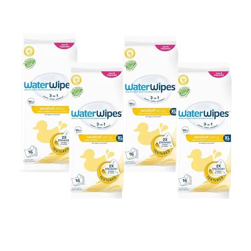 WaterWipes Sensitive+ Bathing Wipes, 3-In-1 Cleans, Cares, Protects, 99.9% Water, Unscented & Hypoallergenic, 16 Count (Pack of 4) in Saudi Arabia