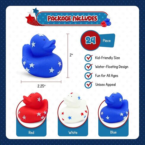 4E's Novelty Patriotic Rubber Ducks (24 Pack) Bulk 2" - 4th of July Party Favors, Patriotic Party Supplies Gifts toys for Kids Adults Fourth of July, Jeep Ducking in Kuwait