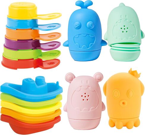 Baby Bath Toys for Kids Ages 1-3, 15PCS Mold Free Bath Toys Toddlers 2-4, Bathtub Pool Water Table Toys, Silicone Bath Toy and Floating Boats & Stacking Spoons for Babies 6-12 Months in Kuwait