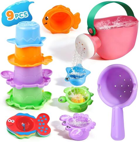 Baby Bath Toys for Kids Ages 1-3 9PCS Toddler Bath Toys Mold Free for 2-4 with Watering Can & Stacking Cups Colorful Bathtub Pool Water Toys for 1+ Year Old Girls Boys Gifts in Kuwait