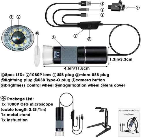 Full HD 1080P USB Digital Microscope Camera for iPhone iPad Android PC, 50-1000X High Definition Portable Handheld Microscope with Light for Coin Plants Trichome Soldering Skin Scalp | 50-1000X High Definition Portable Handheld Microscope with Light for C in Kuwait