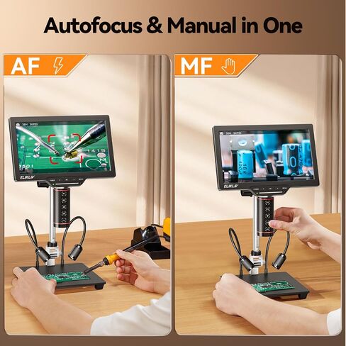 Elikliv Autofocus Digital Microscope EM3K-AF Max: 3K Coin Microscopes with 10.1" IPS Screen, HDMI Soldering Microscope for Electronics Repair, Watchmaking Magnifier, HDMI/USB Output, 10" Stand, 16GB in Kuwait