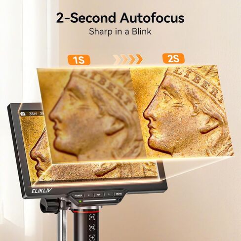 Elikliv Autofocus Digital Microscope EM3K-AF Max: 3K Coin Microscopes with 10.1" IPS Screen, HDMI Soldering Microscope for Electronics Repair, Watchmaking Magnifier, HDMI/USB Output, 10" Stand, 16GB in Kuwait