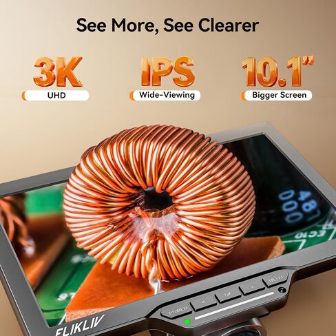 Elikliv Autofocus Digital Microscope EM3K-AF Max: 3K Coin Microscopes with 10.1" IPS Screen, HDMI Soldering Microscope for Electronics Repair, Watchmaking Magnifier, HDMI/USB Output, 10" Stand, 16GB in Kuwait