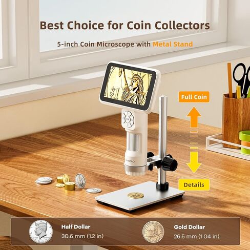 LM115 Coin Digital Microscope with 5'' IPS Screen, Coin Magnifier Handheld for Adults, Anti-Shake, Kids Portable Microscope Camera with 8 LED, 1800mAh Battery, 1080P Video, PC View, 7.3" Metal Stand in Kuwait