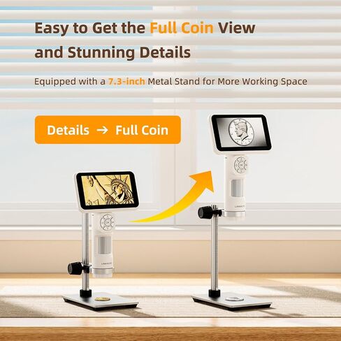 LM115 Coin Digital Microscope with 5'' IPS Screen, Coin Magnifier Handheld for Adults, Anti-Shake, Kids Portable Microscope Camera with 8 LED, 1800mAh Battery, 1080P Video, PC View, 7.3" Metal Stand in Kuwait
