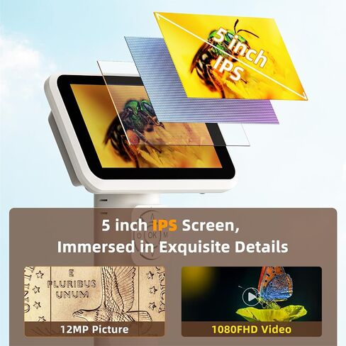 LM115 Coin Digital Microscope with 5'' IPS Screen, Coin Magnifier Handheld for Adults, Anti-Shake, Kids Portable Microscope Camera with 8 LED, 1800mAh Battery, 1080P Video, PC View, 7.3" Metal Stand in Kuwait