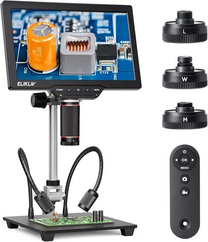 Elikliv 4K Magnetic 3 Lens Digital Microscope TL301, 7" HDMI Coin Magnifier | Soldering Electronics Repair Scope with 10“ Stand, Whole Coin View for Collectors, IPS Screen, Side Light, DIY Grid Line, 16G in Saudi Arabia