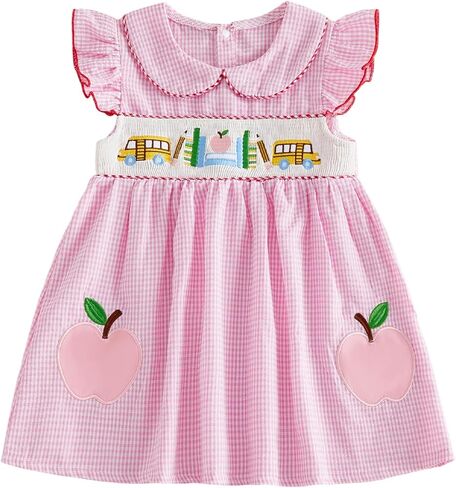 Toddler Baby Girl Back to School Outfit Smocked Dress Summer Sets | Little Girl Apple Pencil Sleeveless Dress Fly Sleeve Contrast Plaid Dresses With Two Bows Kids Spring Clothes in Kuwait