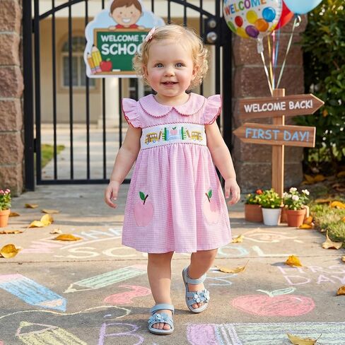 Toddler Baby Girl Back to School Outfit Smocked Dress Summer Sets | Little Girl Apple Pencil Sleeveless Dress Fly Sleeve Contrast Plaid Dresses With Two Bows Kids Spring Clothes in Kuwait