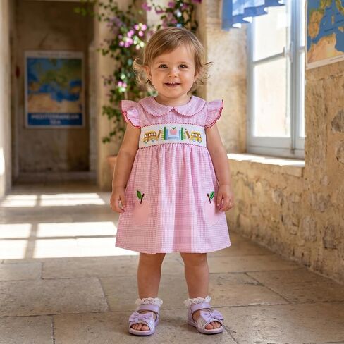 Toddler Baby Girl Back to School Outfit Smocked Dress Summer Sets | Little Girl Apple Pencil Sleeveless Dress Fly Sleeve Contrast Plaid Dresses With Two Bows Kids Spring Clothes in Kuwait