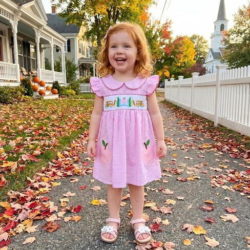 Toddler Baby Girl Back to School Outfit Smocked Dress Summer Sets | Little Girl Apple Pencil Sleeveless Dress Fly Sleeve Contrast Plaid Dresses With Two Bows Kids Spring Clothes in Kuwait