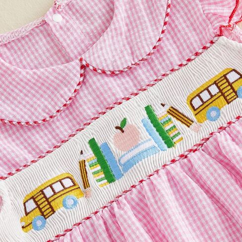 Toddler Baby Girl Back to School Outfit Smocked Dress Summer Sets | Little Girl Apple Pencil Sleeveless Dress Fly Sleeve Contrast Plaid Dresses With Two Bows Kids Spring Clothes in Kuwait