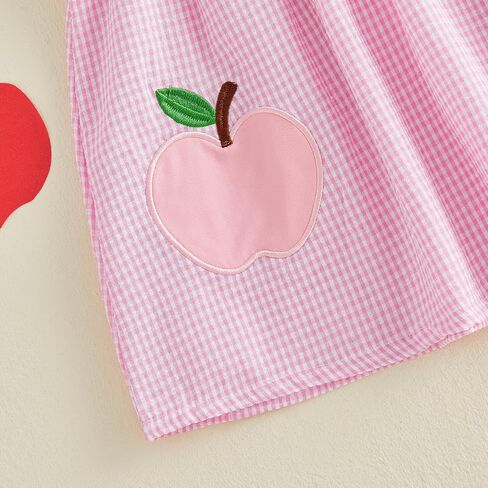 Toddler Baby Girl Back to School Outfit Smocked Dress Summer Sets | Little Girl Apple Pencil Sleeveless Dress Fly Sleeve Contrast Plaid Dresses With Two Bows Kids Spring Clothes in Kuwait