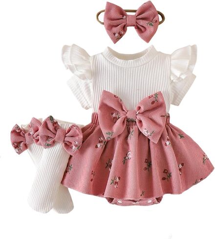 DUBASAM Baby Girl Floral Outfit Set, Ruffle Short Sleeve Floral Bow Romper Dress+Matching Headband Leg Warmers Summer Clothes in Kuwait