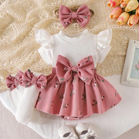 DUBASAM Baby Girl Floral Outfit Set, Ruffle Short Sleeve Floral Bow Romper Dress+Matching Headband Leg Warmers Summer Clothes in Kuwait