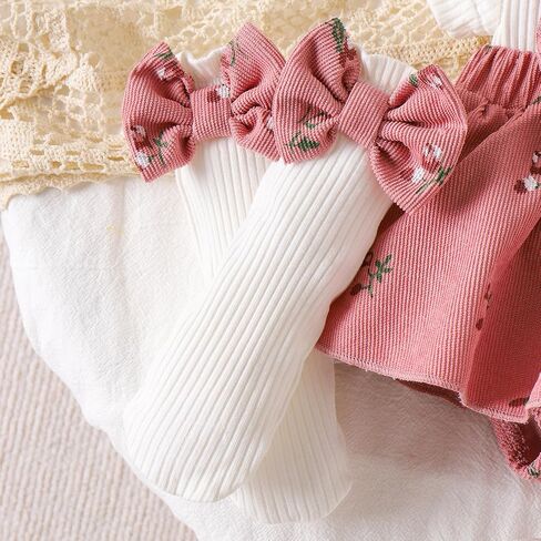 DUBASAM Baby Girl Floral Outfit Set, Ruffle Short Sleeve Floral Bow Romper Dress+Matching Headband Leg Warmers Summer Clothes in Kuwait