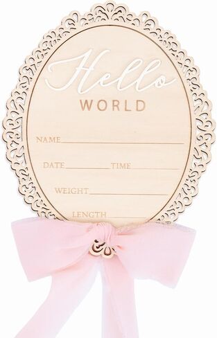 Wooden Baby Announcement Sign, Hello World Newborn Plaque, Hospital Reveal Photo Prop, Nursery Decoration (Bow D32) in Kuwait