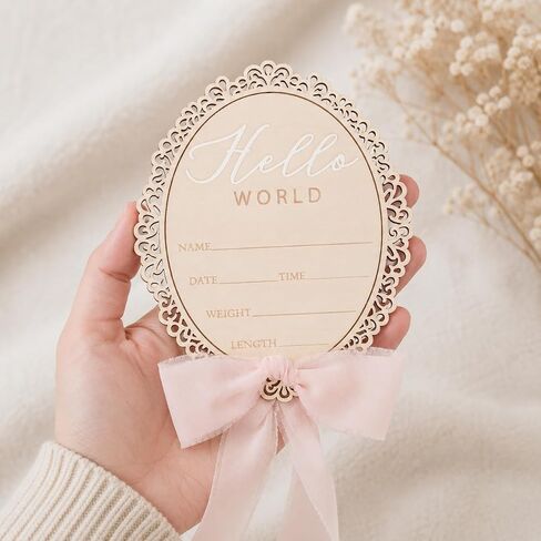 Wooden Baby Announcement Sign, Hello World Newborn Plaque, Hospital Reveal Photo Prop, Nursery Decoration (Bow D32) in Kuwait