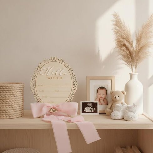 Wooden Baby Announcement Sign, Hello World Newborn Plaque, Hospital Reveal Photo Prop, Nursery Decoration (Bow D32) in Kuwait