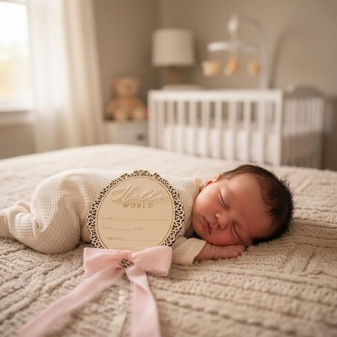 Wooden Baby Announcement Sign, Hello World Newborn Plaque, Hospital Reveal Photo Prop, Nursery Decoration (Bow D32) in Kuwait