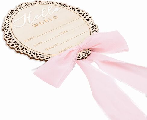 Wooden Baby Announcement Sign, Hello World Newborn Plaque, Hospital Reveal Photo Prop, Nursery Decoration (Bow D32) in Kuwait