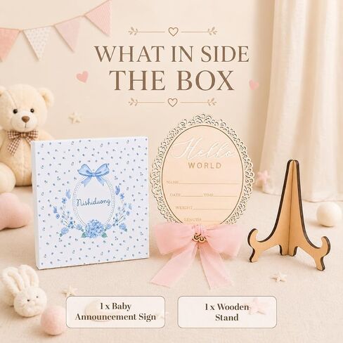 Wooden Baby Announcement Sign, Hello World Newborn Plaque, Hospital Reveal Photo Prop, Nursery Decoration (Bow D32) in Kuwait