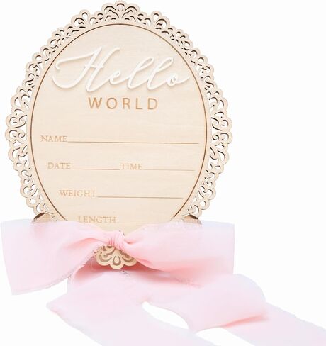Wooden Baby Announcement Sign, Hello World Newborn Plaque, Hospital Reveal Photo Prop, Nursery Decoration (Bow D32) in Kuwait