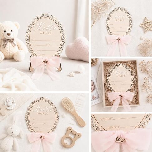 Wooden Baby Announcement Sign, Hello World Newborn Plaque, Hospital Reveal Photo Prop, Nursery Decoration (Bow D32) in Kuwait