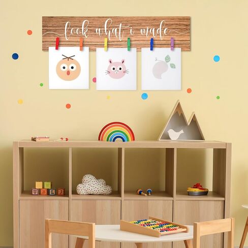 Sawysine Look What I Made Sign with Clips Artwork Display Signs for Wall Hanging Artwork Frames Changeable Art Display Frame Wood Playroom Sign Nursery Wall Decor(Brown) in Kuwait