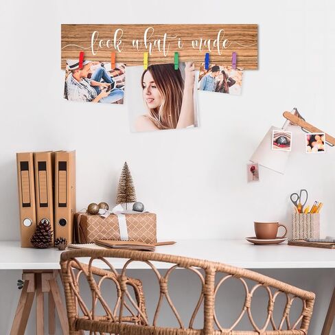 Sawysine Look What I Made Sign with Clips Artwork Display Signs for Wall Hanging Artwork Frames Changeable Art Display Frame Wood Playroom Sign Nursery Wall Decor(Brown) in Kuwait