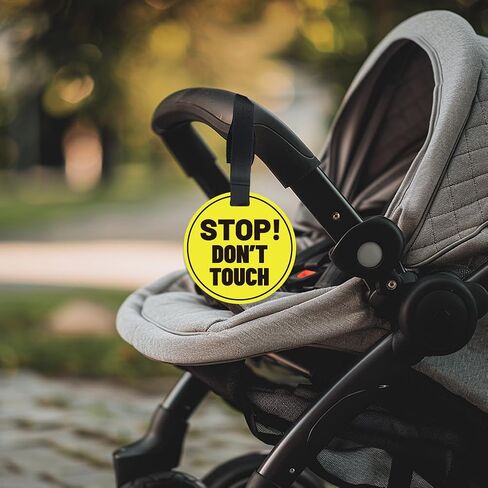 PLIGREAT 2 Pack Yellow Stop Don't Touch Baby Car Seat Sign for Newborn Babys Girl Boy No Touching Kissing Baby Reminder Signage for Babys Carrier Car Seat Stroller Tag with Hanging Straps and Clip in Kuwait