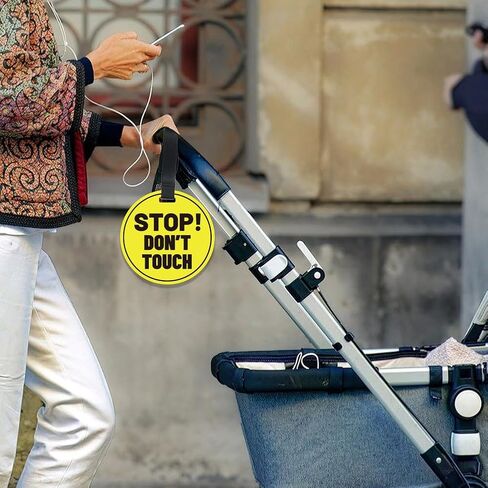 PLIGREAT 2 Pack Yellow Stop Don't Touch Baby Car Seat Sign for Newborn Babys Girl Boy No Touching Kissing Baby Reminder Signage for Babys Carrier Car Seat Stroller Tag with Hanging Straps and Clip in Kuwait