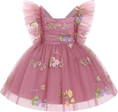ODASDO Infant Baby Flower Girl Tulle Tutu Fairy Princess Dress | Toddler Girl Floral Embroidery Sequined Dresses, Kids Ruffle Sleeve Backless Gown for Formal Birthday Wedding Pageant Party in Kuwait