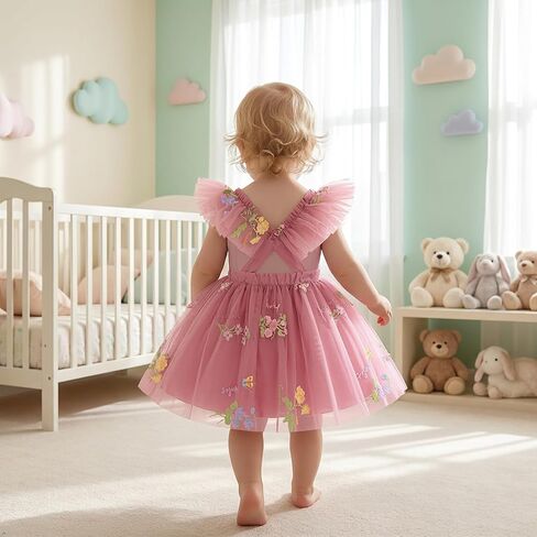 ODASDO Infant Baby Flower Girl Tulle Tutu Fairy Princess Dress | Toddler Girl Floral Embroidery Sequined Dresses, Kids Ruffle Sleeve Backless Gown for Formal Birthday Wedding Pageant Party in Kuwait
