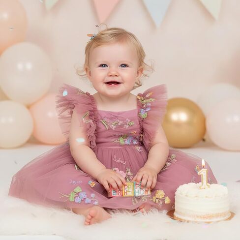 ODASDO Infant Baby Flower Girl Tulle Tutu Fairy Princess Dress | Toddler Girl Floral Embroidery Sequined Dresses, Kids Ruffle Sleeve Backless Gown for Formal Birthday Wedding Pageant Party in Kuwait