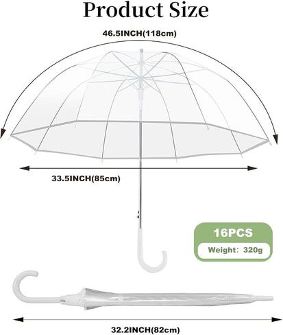 16 Pack Clear Bubble Umbrellas for Weddings, Transparent Dome Umbrellas | Auto Open Windproof Stick Rain Umbrellas with J Handle, Ideal for Wedding Guests, Bridal Parties & Guest Favors in Kuwait