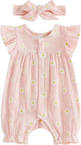Newborn Baby Girl Summer Clothes Cotton Bubble Romper Jumpsuit | Newborn Baby Girl Summer Clothes Sleeveless Daisy Bubble Romper Cotton linen Jumpsuit Infant One Piece Outfits in Kuwait