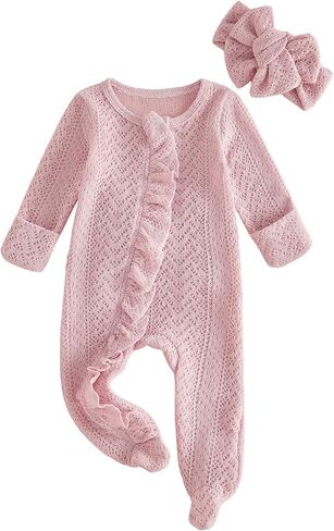 Infant Baby Girl Fall Outfit Romper Footies Solid Color Frills Ruffle Trim Jumpsuit Bodysuit Newborn Winter Clothes in Kuwait