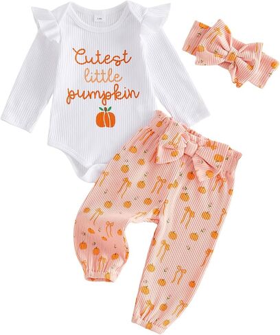 Socutebabe Baby Girl Halloween Thanksgiving Outfit 3 Piece | My First Thanksgiving Baby Girl Outfit Newborn Cute Little Turkey Romper Onesie+Pants And Headband 3PCs Clothes Sets in Kuwait