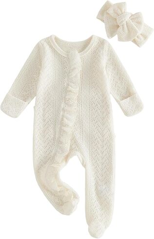 Seyurigaoka Newborn Baby Girl Footies Romper Ruffle Knitted Jumpsuit | Long Sleeve, Zipper, Infant Fall Winter Warm Clothes, Going Home Outfits, with Headband, for 0-12M in Kuwait