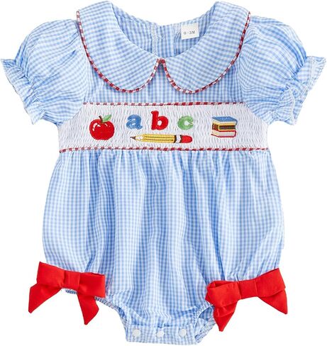 Baby Girl First Day Of School Outfit Smocked Romper Dress Clothes | Infant Back To School Outfit, ABC Plaid Short Sleeve Bubble Romper Bodysuit in Kuwait
