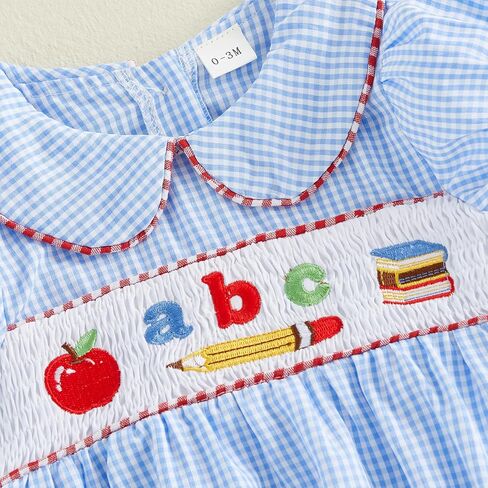 Baby Girl First Day Of School Outfit Smocked Romper Dress Clothes | Infant Back To School Outfit, ABC Plaid Short Sleeve Bubble Romper Bodysuit in Kuwait
